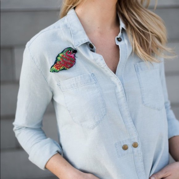 McGuire Denim Embroidered Bird Long Sleeve Chambray Button-Front Top XS - Picture 3 of 9
